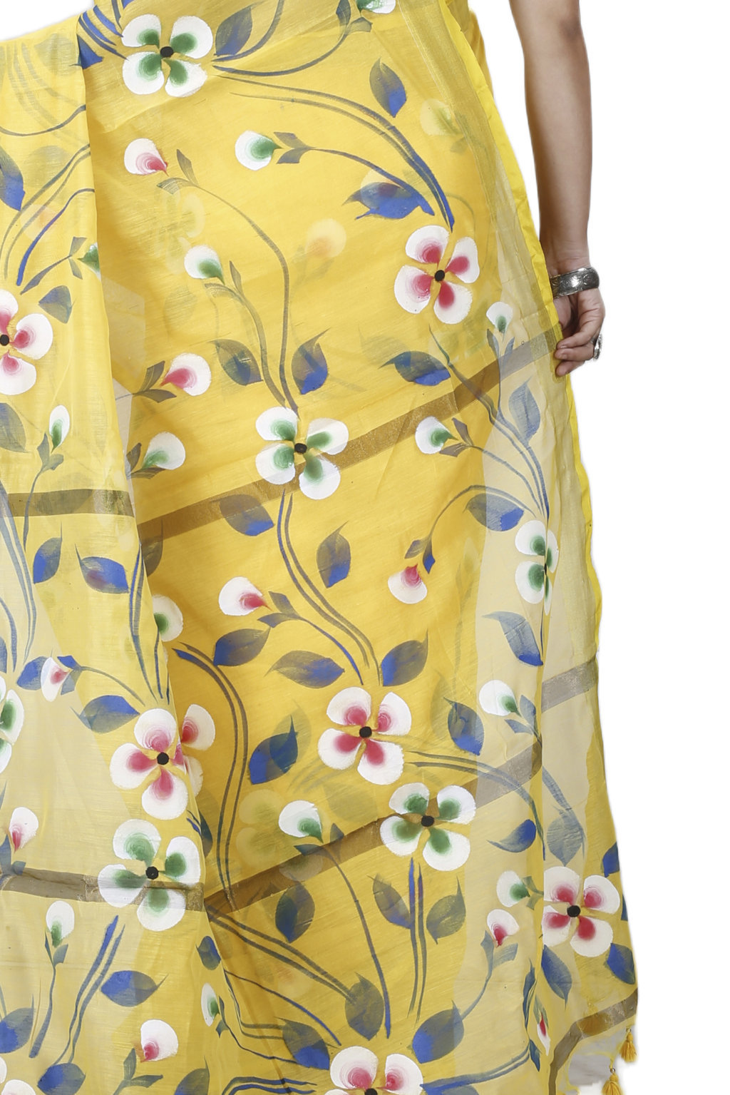 Yellow Blended Cotton Tonika Hand Painted Saree (1219)